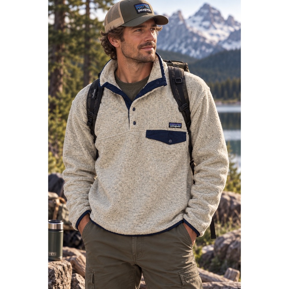 Patagonia Mens Synchilla Snap-T Fleece Pullover Oat Heather Navy Blue Medium